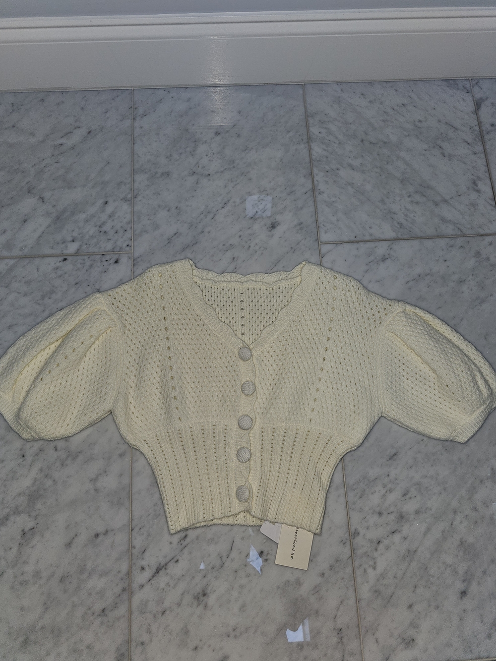Commense Cream Pointelle Knit Crop Cardigan